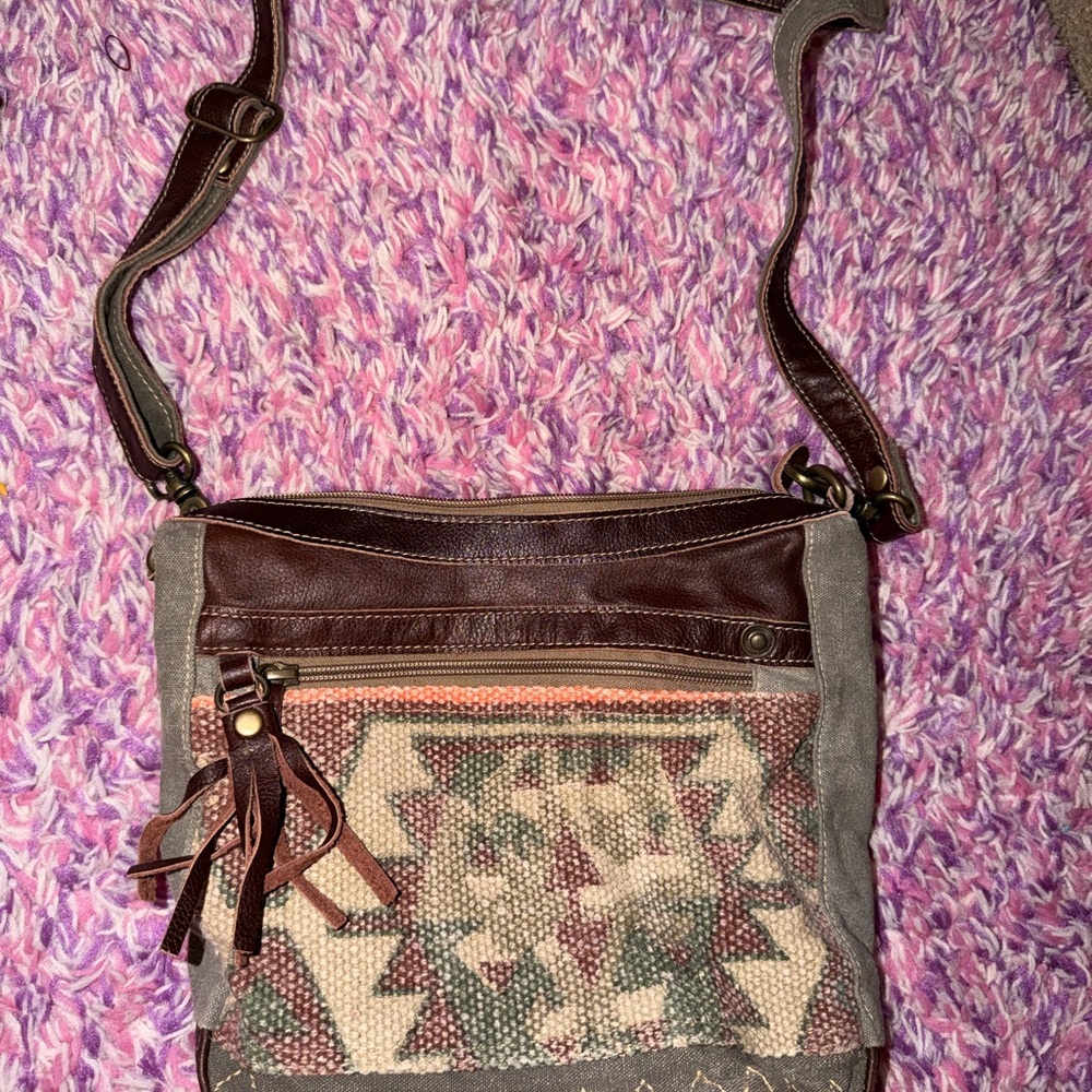 Canvas & Leather Crossbody Bag in Brown and Tan - Boho Geo Front